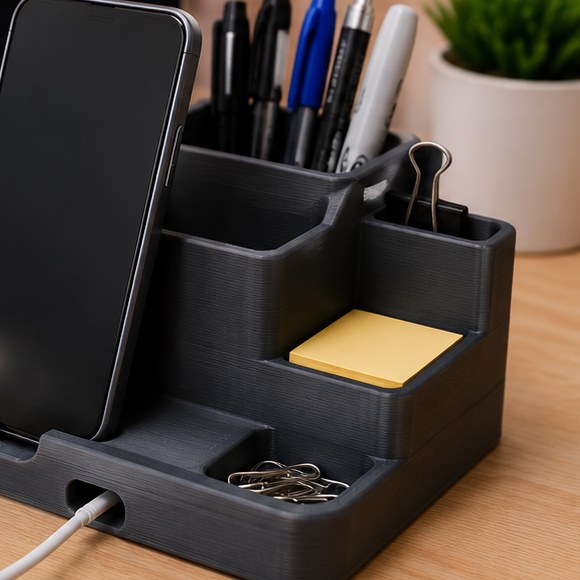 Organizador de escritorio con soporte para celular impreso en PETG